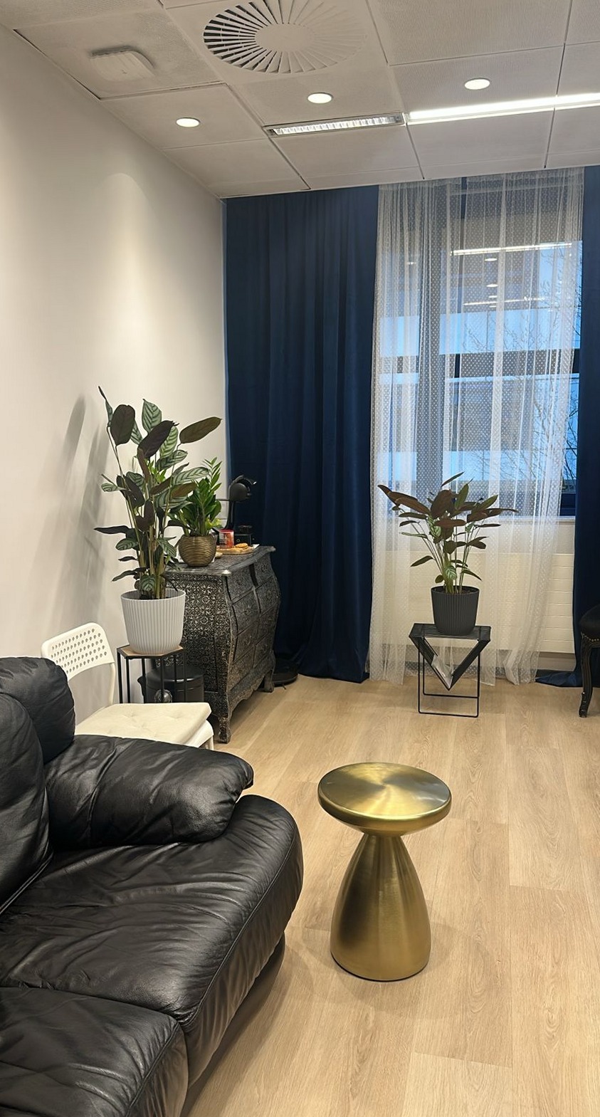 Wachtruimte met een zwarte leren bank, een gouden bijzettafel, planten en blauwe gordijnen