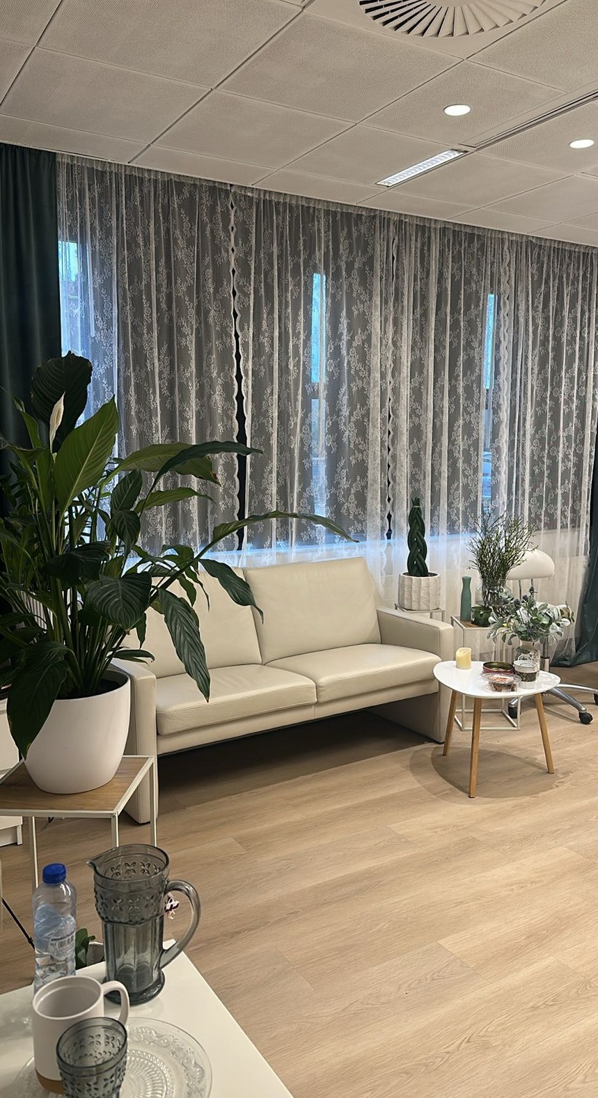 Zithoek met een lichte bank, een salontafel, grijze vitrage en een grote plant