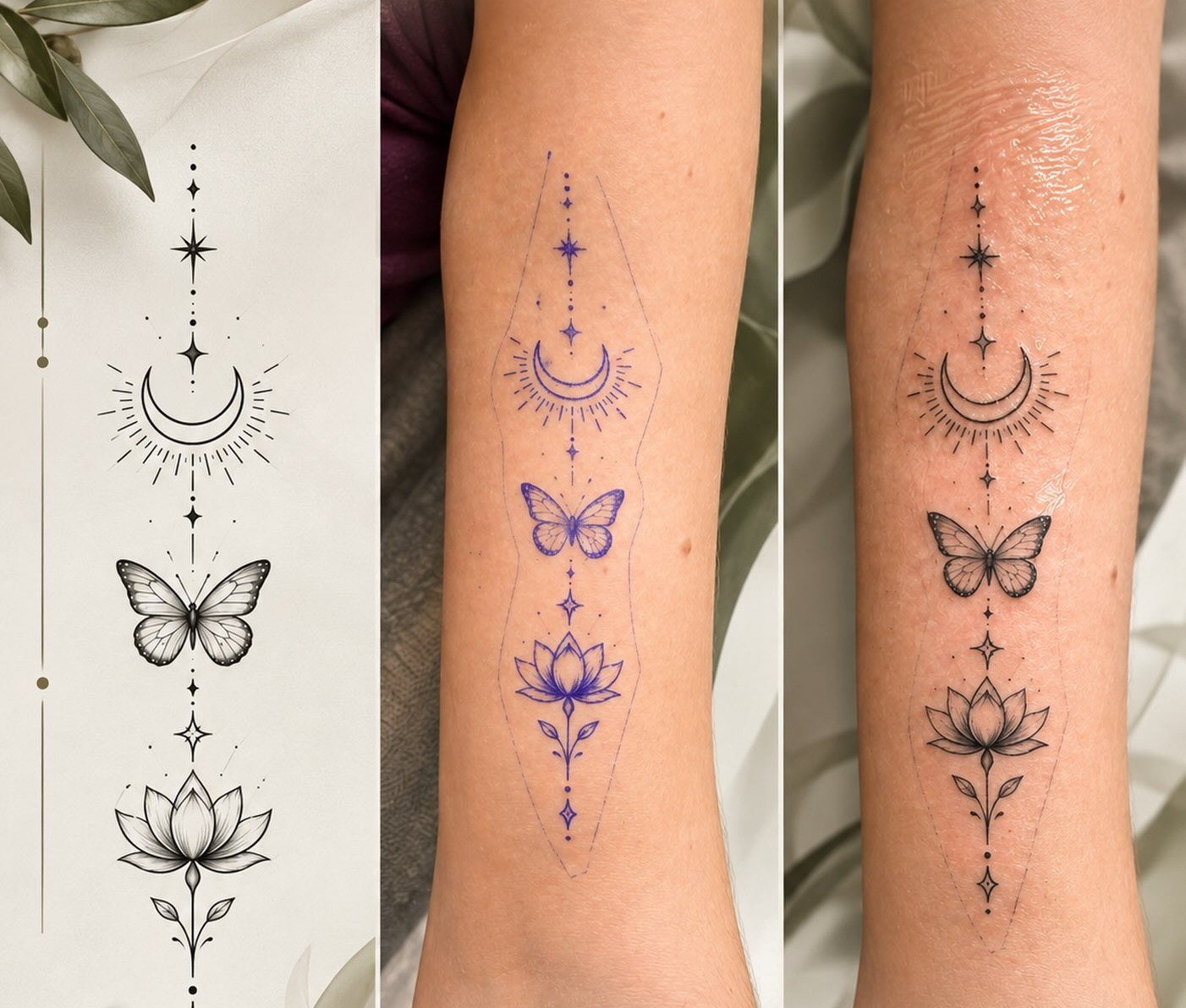 Fijne lijn tattoo met maan, vlinder en lotus: de schets, de schets op de arm en de gezette tattoo